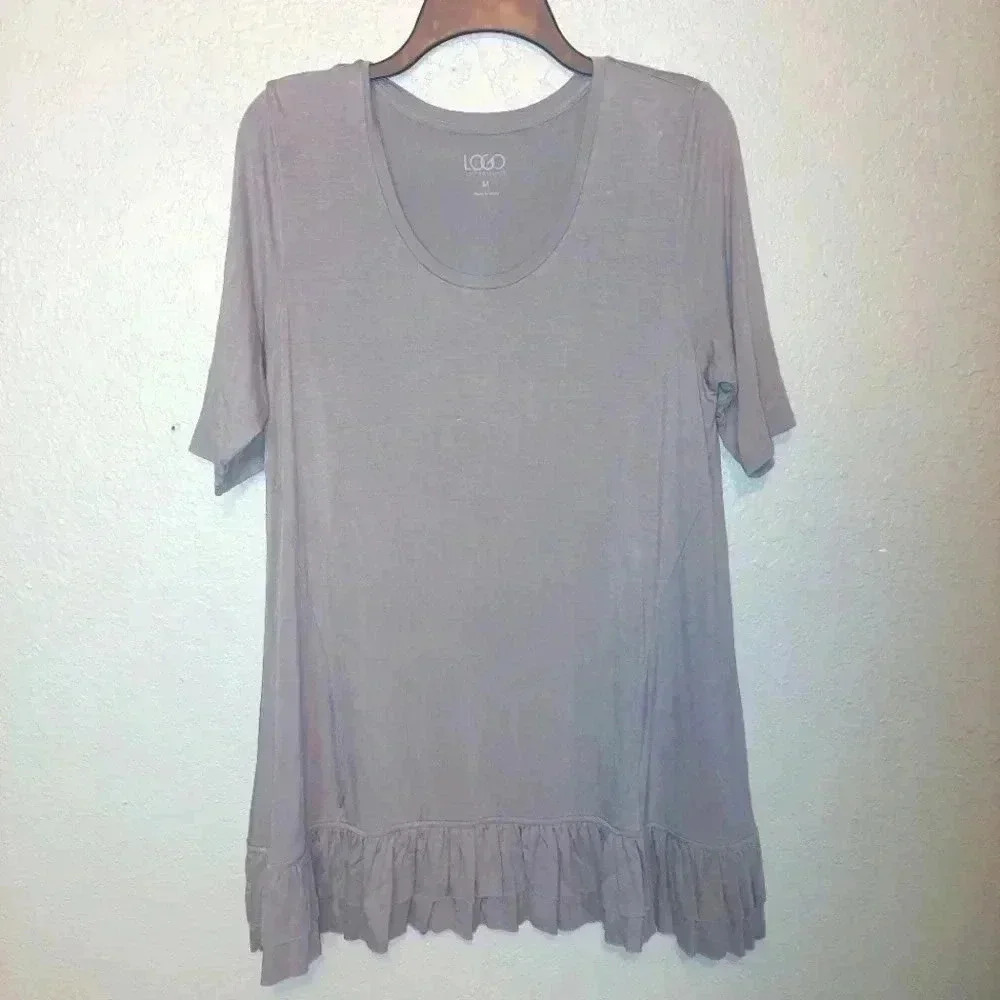 Logo Lori Goldstein Tunic Top MEDIUM  Gray Ruffled Hemline